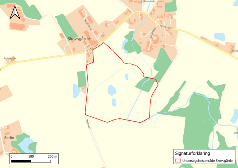 Undersøgelsesområdet for forundersøgelsen af et muligt vådområdeprojekt ved Skovsgårde 