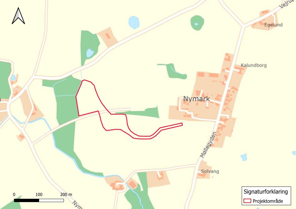 Oversigtskort med angivelse af projektgrænsen for et vådområde vest for Nymarksvej