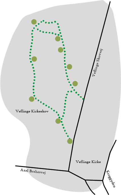 Kort, der illustrerer ruten i Veflinge Kirkeskov
