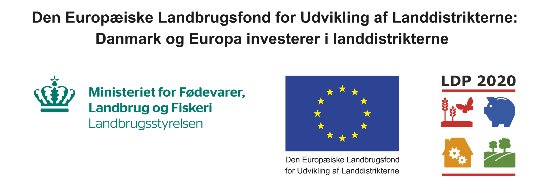 Billedet viser logo for Landbrugsstyrelsen under Ministeriet for Fødevarer, Landbrug og Fiskeri, logo for Den Europæiske Landbrugsfond, for Udvikling af Landdistrikterne samt logo for Landdistriktsprogrammet 2020